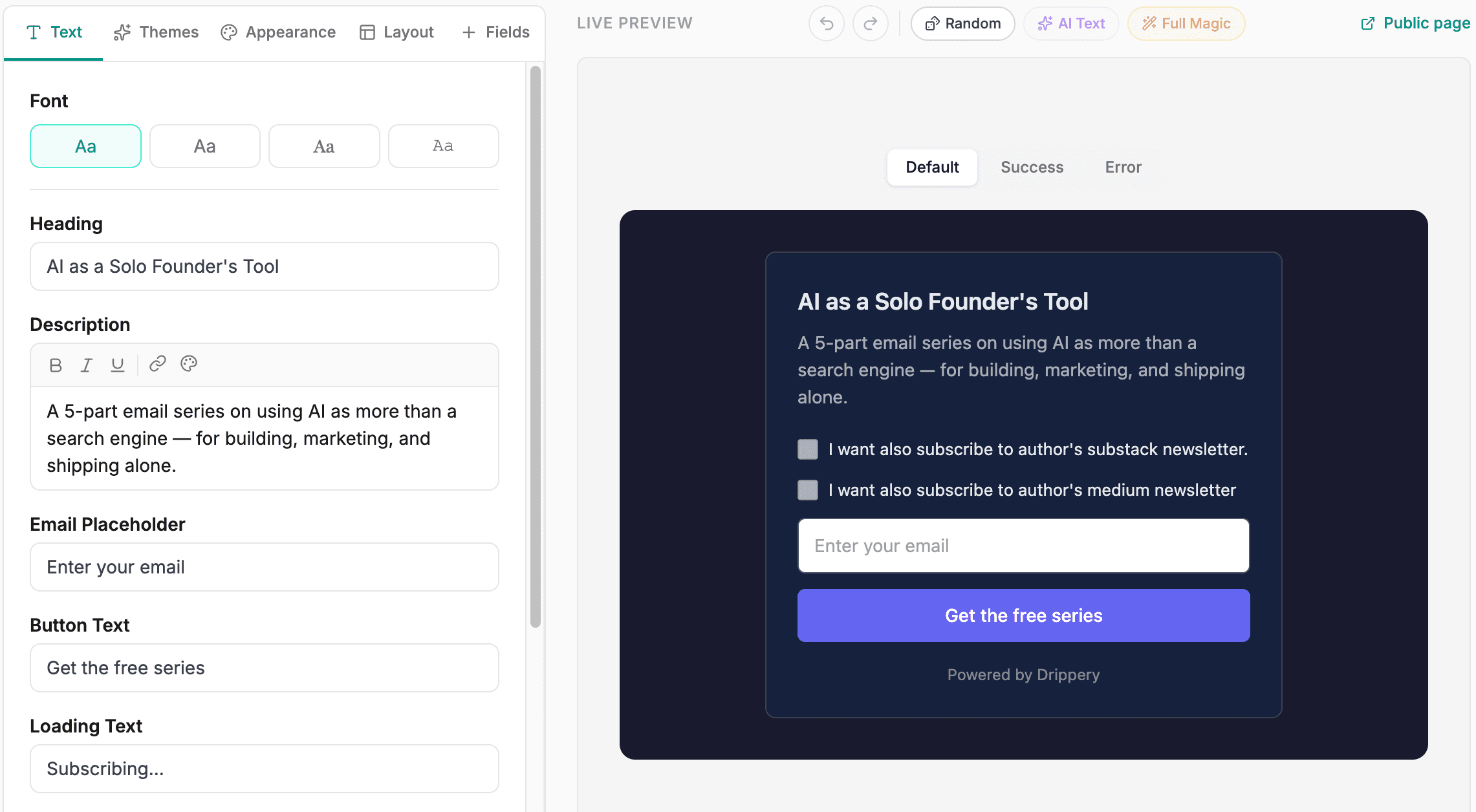 Drippery embed builder interface showing customization panels and live preview