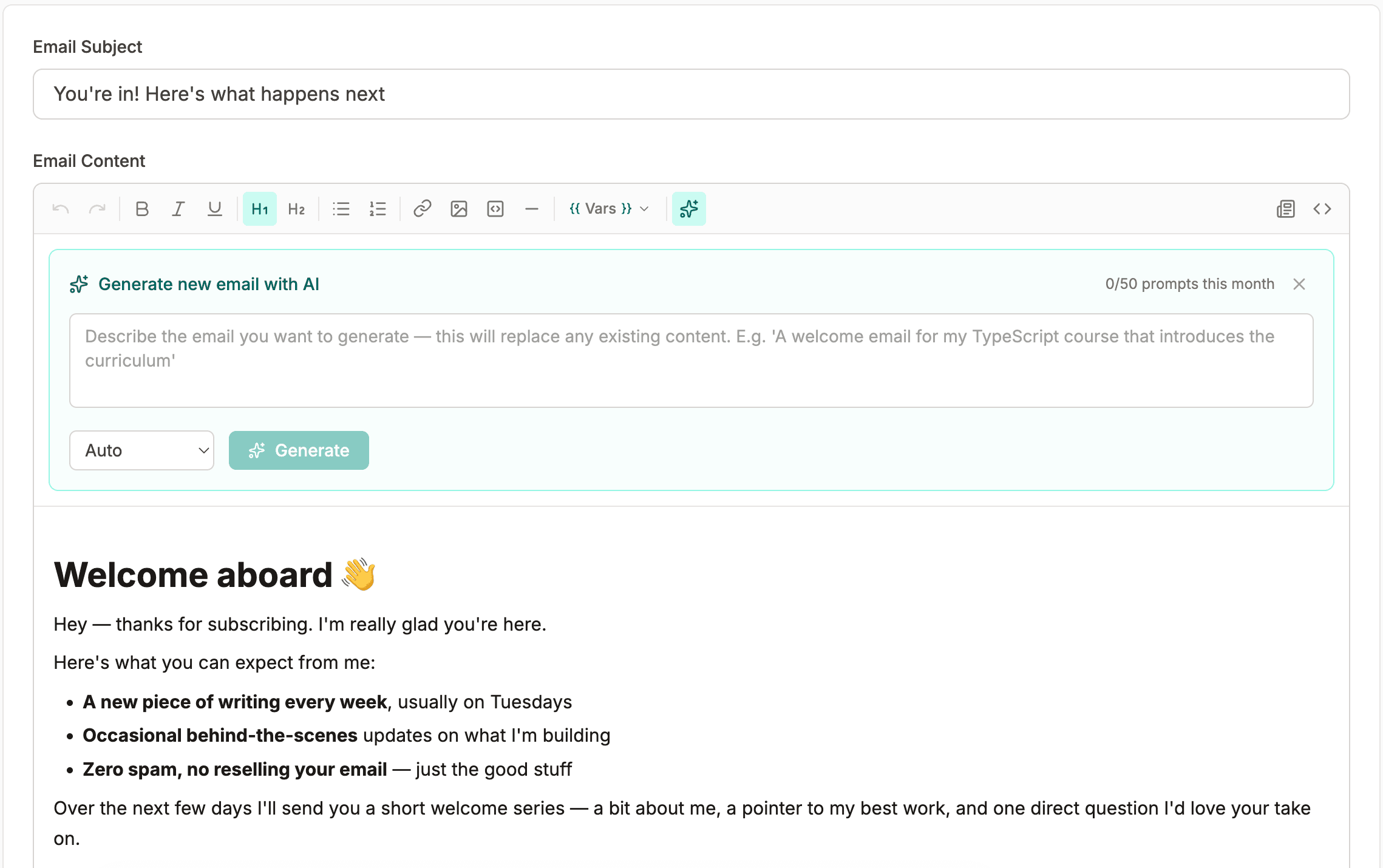 Drippery email editor showing a welcome series template with AI-assisted writing panel