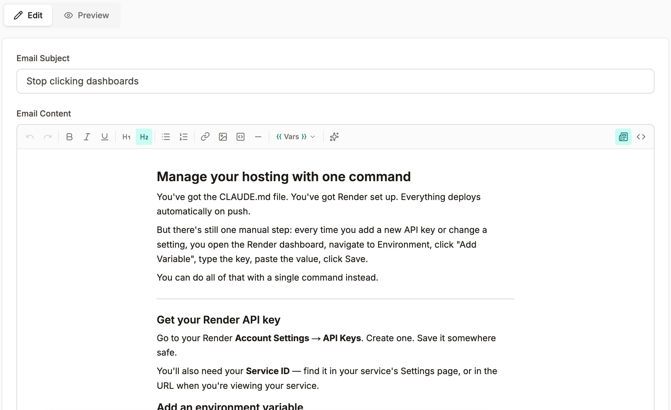 Drippery WYSIWYG email editor with formatting toolbar and AI writing assistant