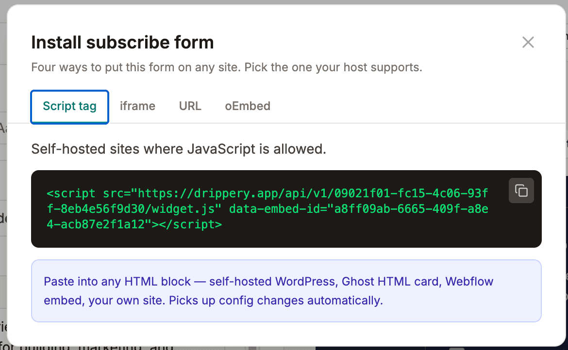 Drippery embed builder showing subscribe form with live preview
